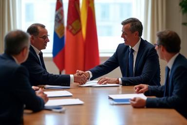 Reunión política con líderes firmando documentos oficiales
