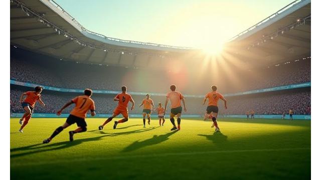 Partido de fútbol con estadio lleno y jugadores en acción